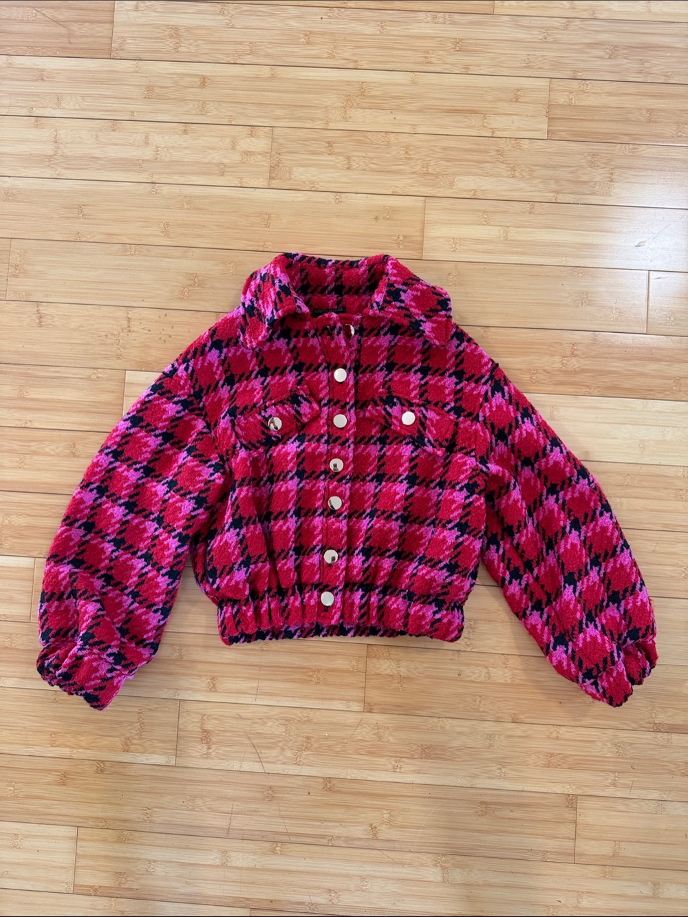 Alberto Makali Pink & Black Plaid Cropped Bomber Jacket